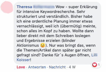 "Augenöffnende, strukturierte und super erklärte Keyword-Recherche für gefragte Themen"