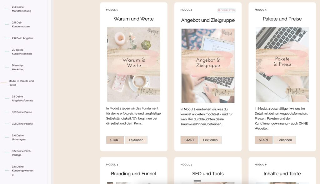 Teachery-Erfahrungen Module und Lektionen in Seitenleiste